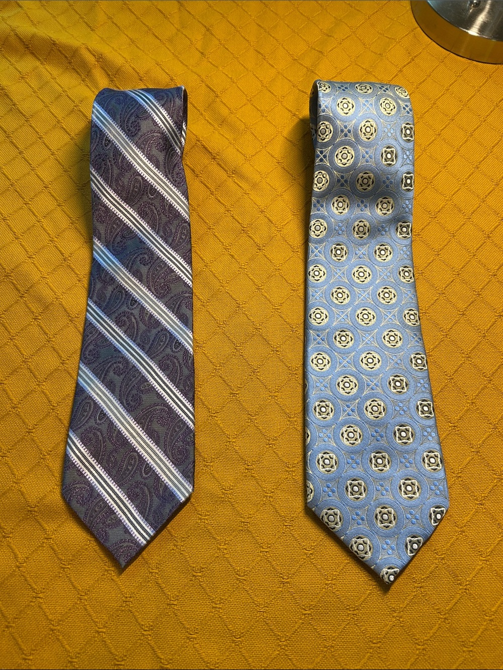 2 vintage .  Blue geometric Emilio ponti and purple paisley Pronto-uomo.